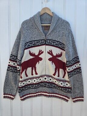 Canadiana Shawl Collar Moose Knit Zip Up Cardigan Sweater XL